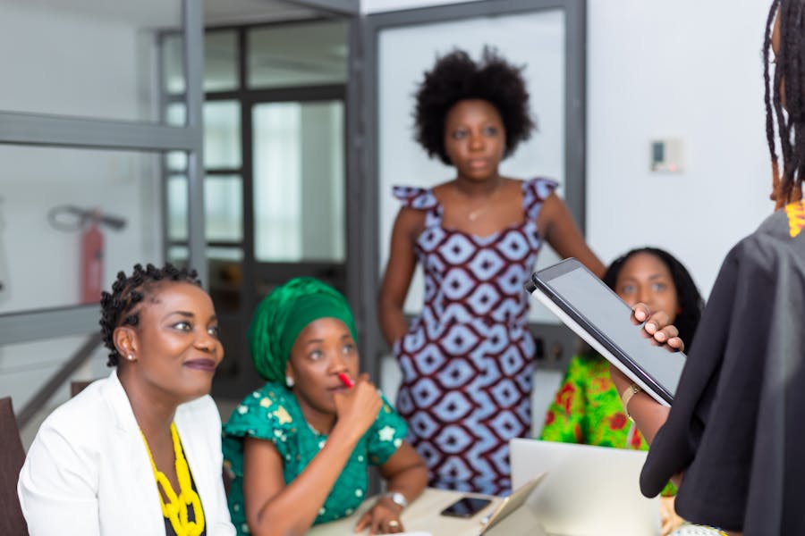 African businesswomen collaborating in an office meeting